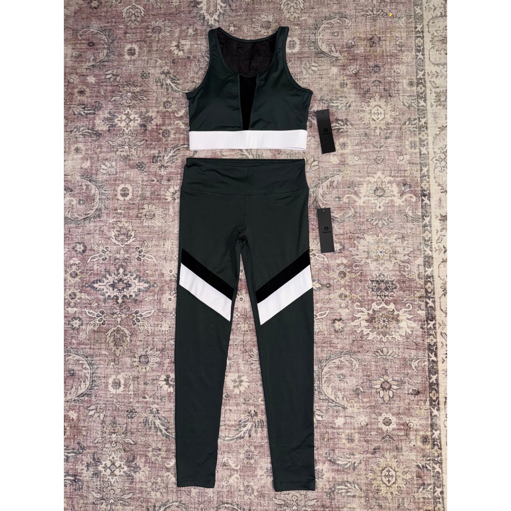 Mono B Green Colorblock Activewear Set Sports Bra L Leggings M AP1633 AT1634 NWT